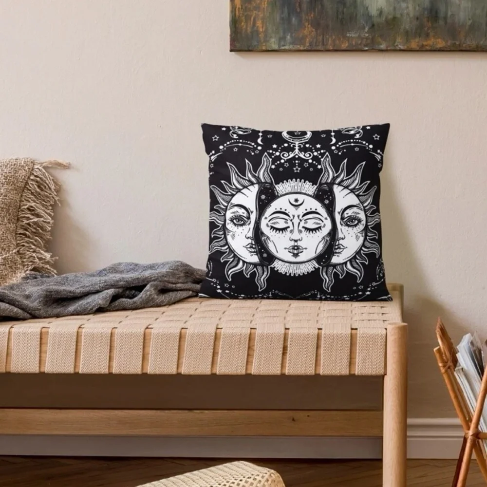 Pillow Cover Sun Moon Celestial Mystical Zippered Large Black White 17.7 in